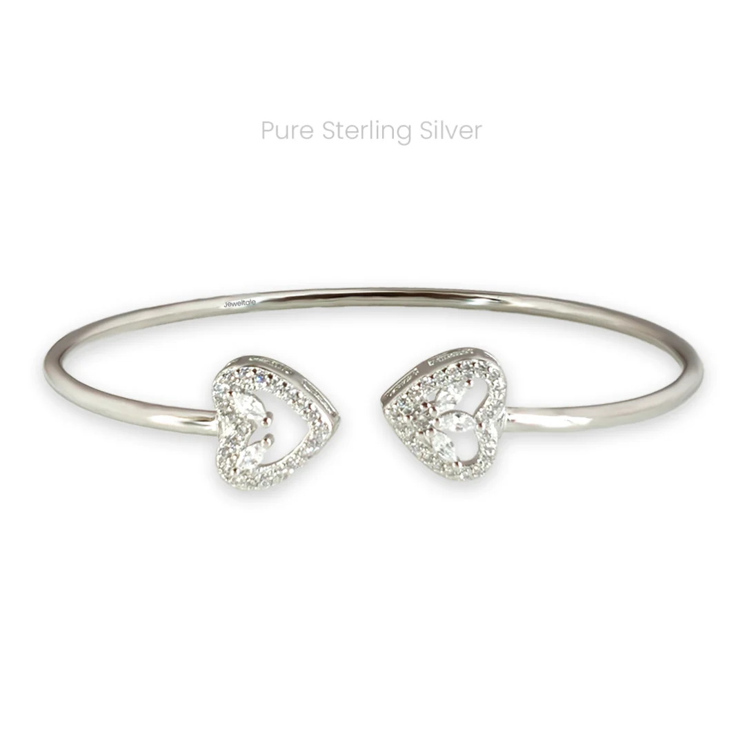 Sterling silver cuff bracelet with zircon-studded heart shapes on both ends, elegant and lightweight daily wear for Indian women