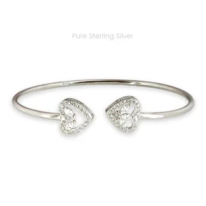 Sterling silver cuff bracelet with zircon-studded heart shapes on both ends, elegant and lightweight daily wear for Indian women