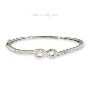 Minimal sterling silver cuff bracelet with zircon-studded infinity symbols on both ends