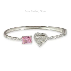 Sterling silver cuff bracelet with pink gemstone on one end and zircon-studded heart on the other, lightweight daily wear for Indian women