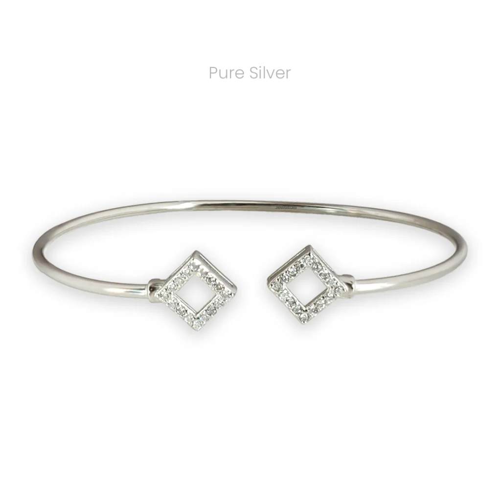Sterling silver cuff bracelet with diamond-like zircon-studded shapes on both ends, minimal and elegant design for Indian women