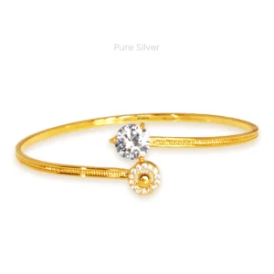 Gold polish sterling silver bangle with round crystal and zircon circle ends in twister cuff design