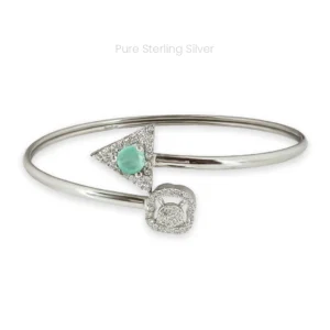Sterling silver cuff bracelet with blue stone on one end and zircon-studded circular design on the other, elegant daily wear for Indian women