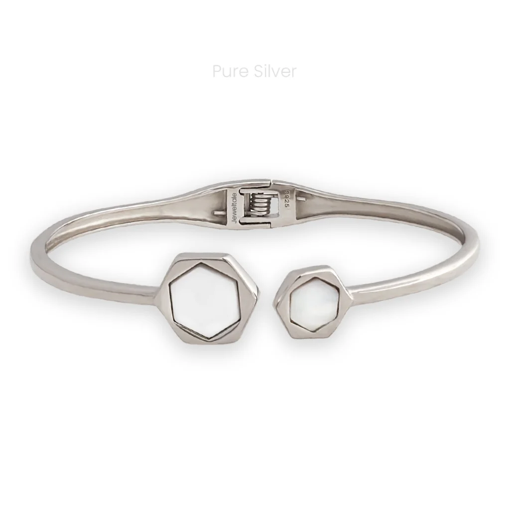Sterling silver cuff bracelet with hexagon and mother-of-pearl design