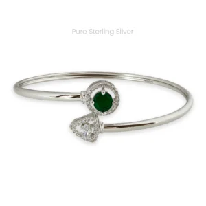 Sterling silver kada bracelet with green stone on one end and zircon-studded arrow tip on the other, elegant and lightweight for Indian women
