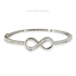 Sterling silver infinity cuff bracelet studded with premium zircons on both ends, elegant and lightweight design