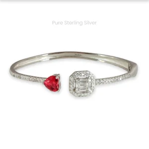 Sterling silver kada bracelet with red heart on one end and sparkling white stone with crystals on the other, lightweight cuff for Indian women