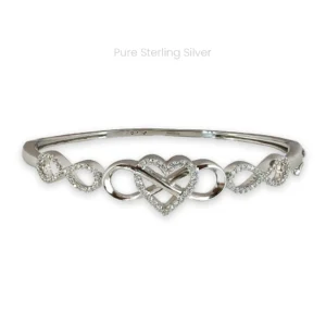 Sterling silver cuff bracelet featuring a zircon-studded heart in the center with three infinity symbols on each side, elegant and minimal design