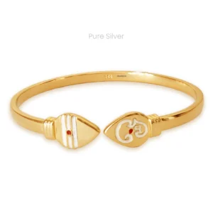 Gold-finish Vel and Om kada in 925 sterling silver, traditional unisex spiritual bangle inspired by Hindu symbolism