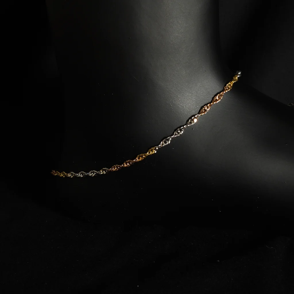 a - Tri-tone twist anklet in 925 sterling silver with silver, rose gold, and gold finish – lightweight Italian minimal design