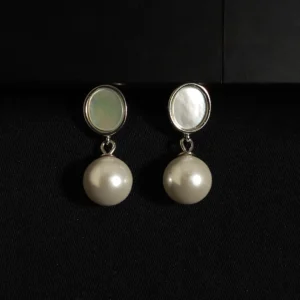 Sterling silver pearl drop earrings with mother of pearl motif and hanging pearl