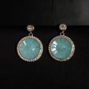 Aqua halo circular dangler earrings in 925 sterling silver with shimmering blue graphic design