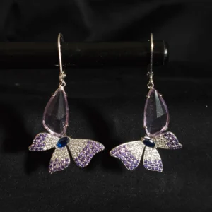 925 sterling silver butterfly dangler earrings with purple stones and lever-back lock