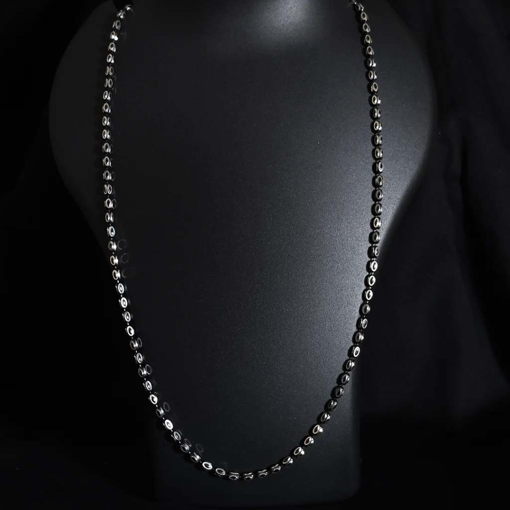 Oval Black Chain with silver beads and black enamel in sterling silver