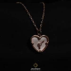 Love’s Clock heart pendant chain in sterling silver with pink enamel and rose gold finish