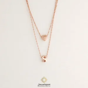 Dual-layer rose gold letter and heart charm necklace in sterling silver