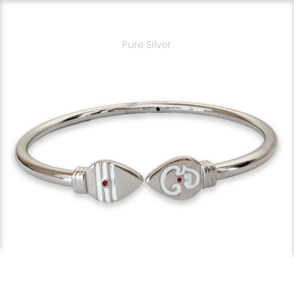 Lightweight silver Vel kada in 925 silver with twin Vels, one featuring Tamil Om. Perfect for daily wear, spiritual style, or gifting.