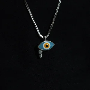 Mystic eye pendant in 925 sterling silver with blue centre and zircon stones on silver chain