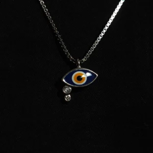 Mystic eye pendant in 925 sterling silver with blue centre and zircon stones on silver chain