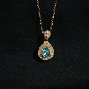Azure blue pendant chain in 925 sterling silver with rose gold finish and teardrop stone