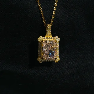Rectangular pink stone gold-plated pendant with zircon border on luxury gold chain