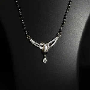 Dual-tone mangalsutra in 925 sterling silver with black bead chain and zircon-studded pendant – ideal daily wear for Indian women