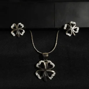 Zircon-studded silver pendant set in 925 sterling silver with earrings and chain – floral, heart, geometric, and abstract designs