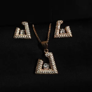 Rose gold triangle pendant and earring set in sterling silver with zircon stones