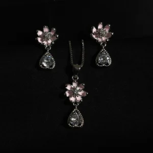 Silver pendant and earring set with pink flower design and hanging stone in 925 sterling silver