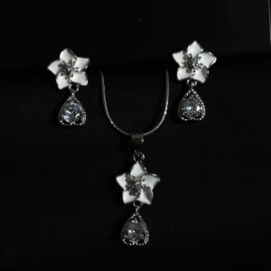 White flower pendant and earring set with hanging stone in 925 sterling silver, silver finish