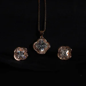 Flower-shaped rose gold crystal pendant and earring set in sterling silver with zircon stones