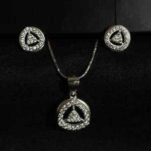 Zircon-studded silver pendant set in 925 sterling silver with earrings and chain – floral, heart, geometric, and abstract designs