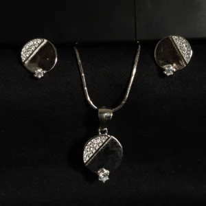 Zircon-studded silver pendant set in 925 sterling silver with earrings and chain – floral, heart, geometric, and abstract designs