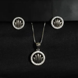 Zircon-studded silver pendant set in 925 sterling silver with earrings and chain – floral, heart, geometric, and abstract designs