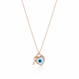 Rose gold sterling silver evil eye heart pendant with key charm