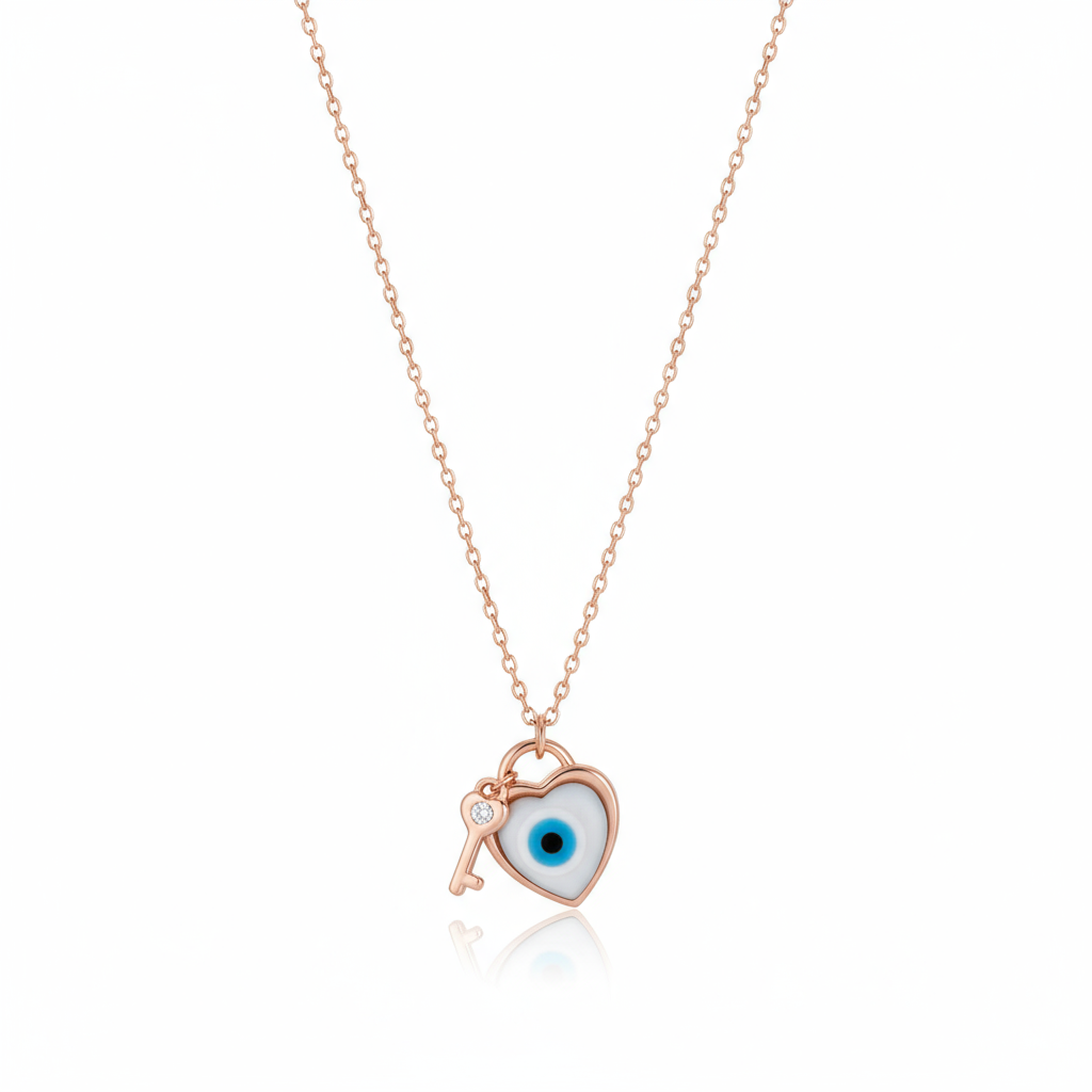 Rose gold sterling silver evil eye heart pendant with key charm