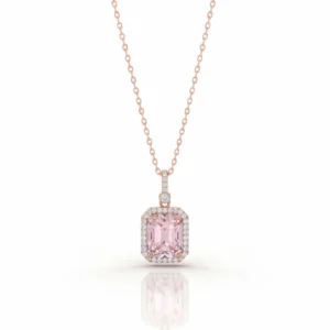Princess cut pink gemstone pendant in rose gold with cubic zircons and silver chain