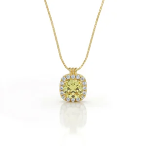 Cushion cut green pendant with zircons in gold finish on sterling silver chain.