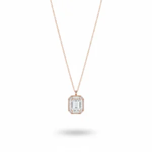 Rose gold chain with a white solitaire pendant and cubic zircon accents.
