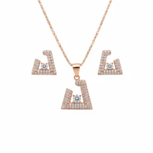 Rose gold triangle pendant and earring set in sterling silver with zircon stones