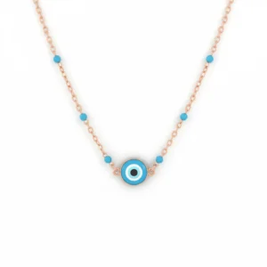Serene protector necklace in 925 sterling silver with blue beads and evil eye pendant in rose gold