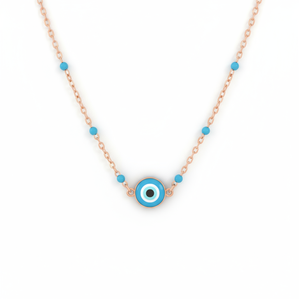 Serene protector necklace in 925 sterling silver with blue beads and evil eye pendant in rose gold
