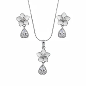 White flower pendant and earring set with hanging stone in 925 sterling silver, silver finish