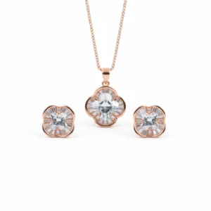 Flower-shaped rose gold crystal pendant and earring set in sterling silver with zircon stones