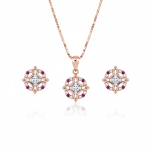 Rose gold star-shaped pendant set with white and red stones in sterling silver