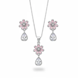 Silver pendant and earring set with pink flower design and hanging stone in 925 sterling silver