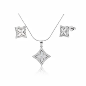 Star-shaped pendant and earring set in sterling silver with mother of pearl and zircons