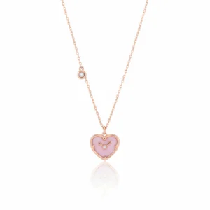 Love’s Clock heart pendant chain in sterling silver with pink enamel and rose gold finish