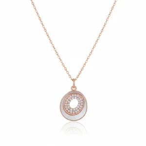 Orbit pendant chain in sterling silver with mother of pearl and zircon rings in rose gold finish