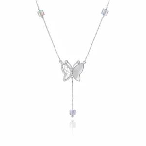 Butterfly necklace in sterling silver with mother of pearl, zircon wing, and cube crystal accents
